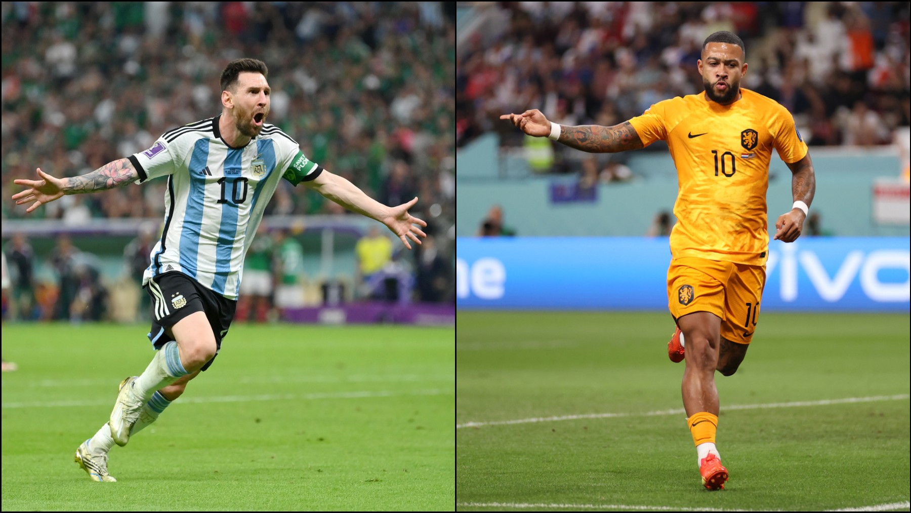 Leo Messi y Memphis Depay, en el Mundial de Qatar. (AFP/Getty)